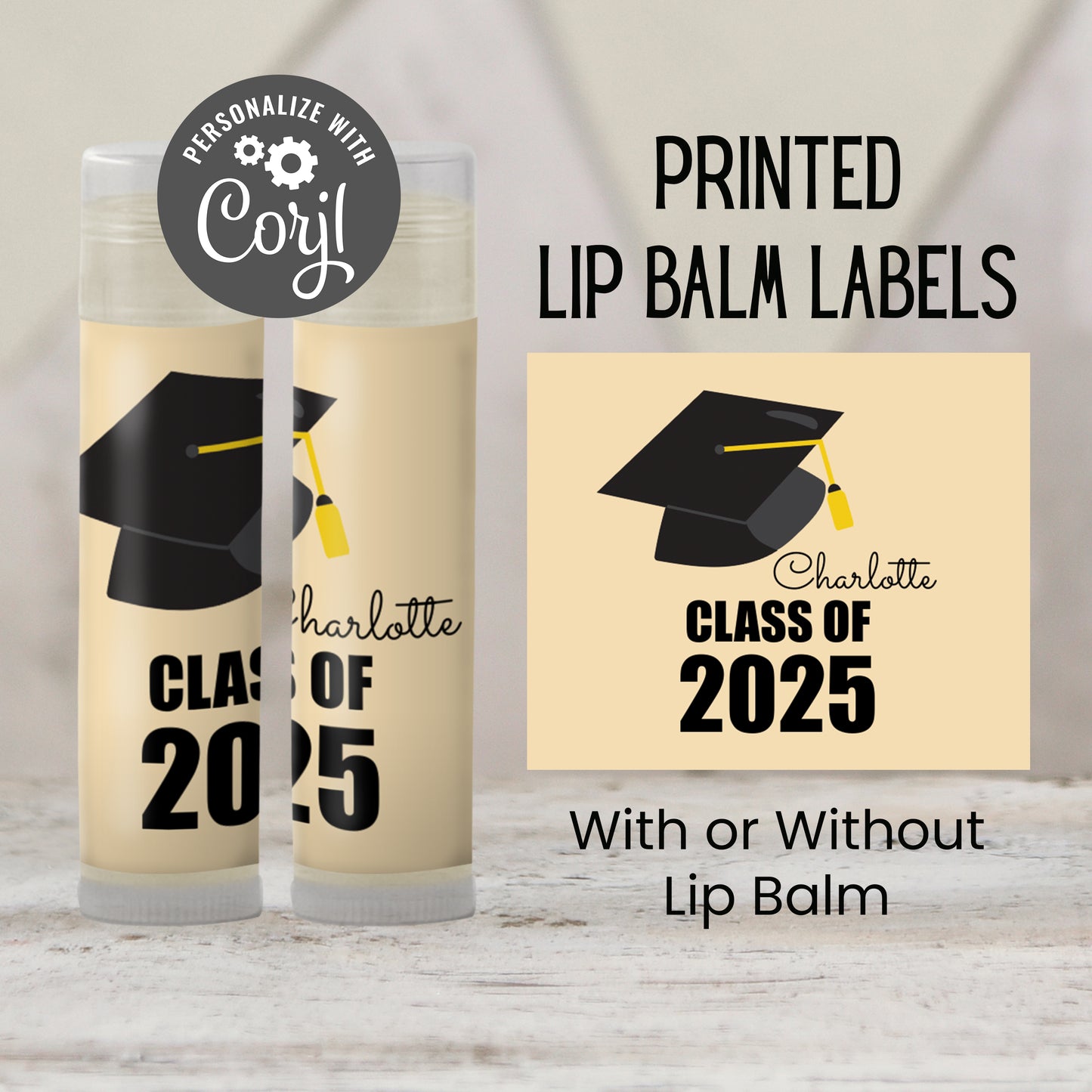 Class of 2025 Graduation Party Lip Balm Favors | PRINTED Labels or Lip Balm | School Colors Cap Design for College or High School Grad 4041