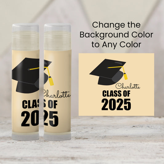 Class of 2025 Graduation Party Lip Balm Favors | PRINTED Labels or Lip Balm | School Colors Cap Design for College or High School Grad 4041