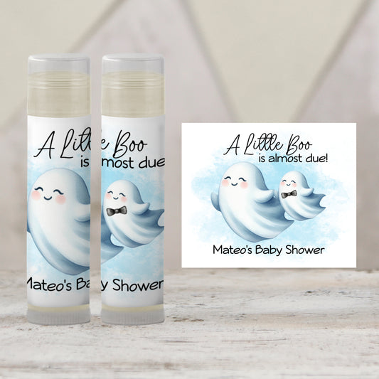 Little Boo Baby Shower Favors PRINTED Lip Balm Labels or Lip Balm Favors | Blue Ghost Boy Theme | Fall Halloween Baby Shower Gift 4071