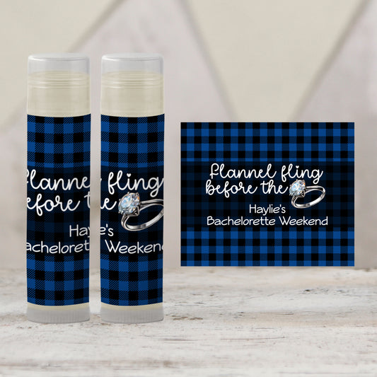 Flannel Fling Before the Ring Lip Balm Label TEMPLATE | Rustic Bachelorette Party Favor | Blue and Black Plaid | Cabin Woods Fall 4111