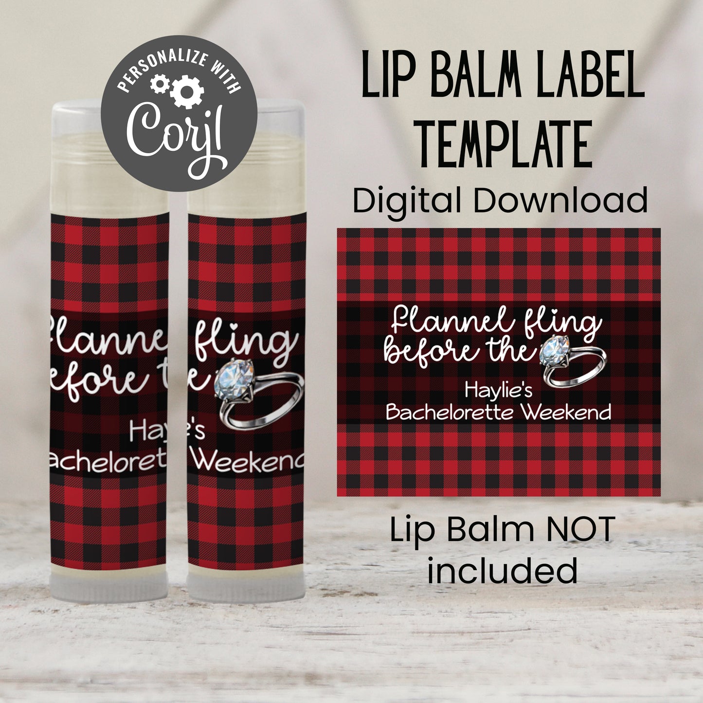 Flannel Fling Before the Ring Lip Balm Label TEMPLATE | Red and Black Buffalo Plaid | Rustic Bachelorette Favor | Cabin Fall Party 4111