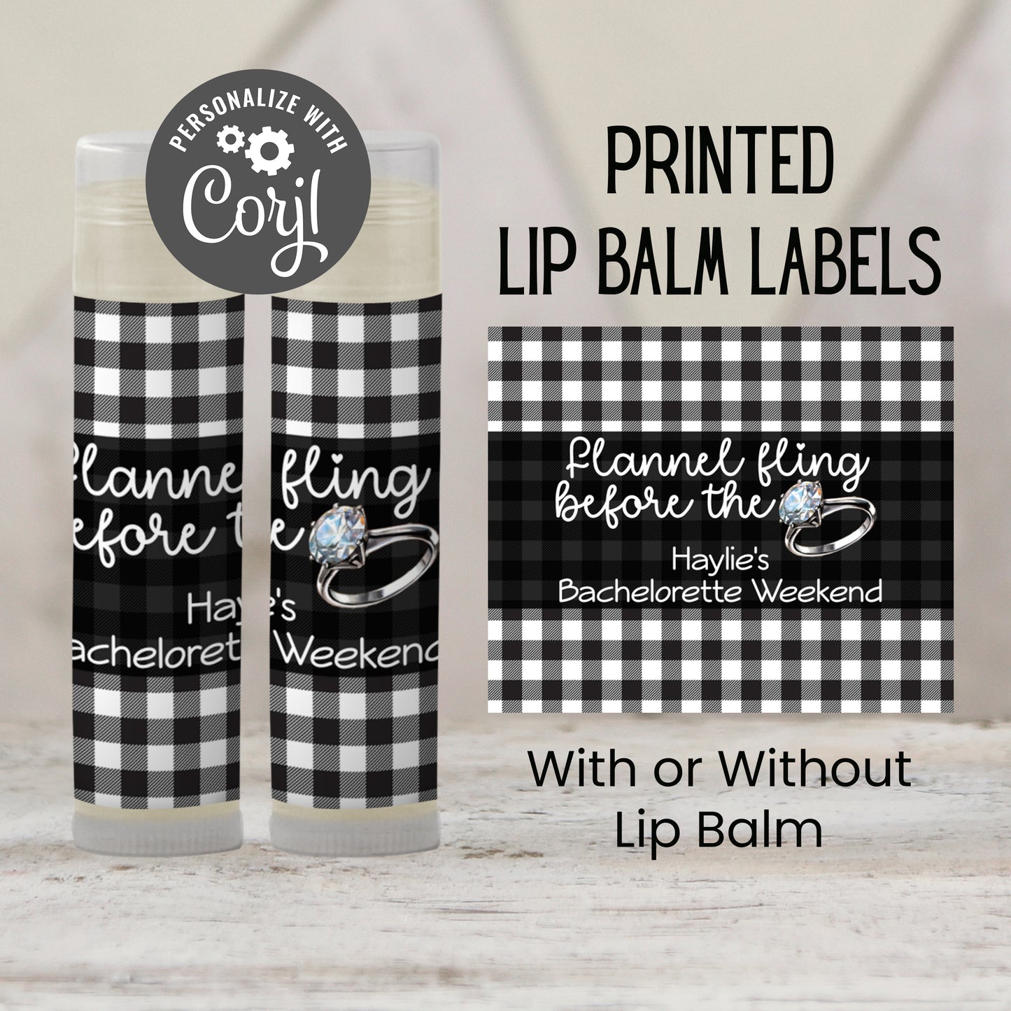 Flannel Fling Before the Ring PRINTED Lip Balm Labels | Black and White Buffalo Check | Rustic Bachelorette Favor Fall Cabin Chapstick 4111