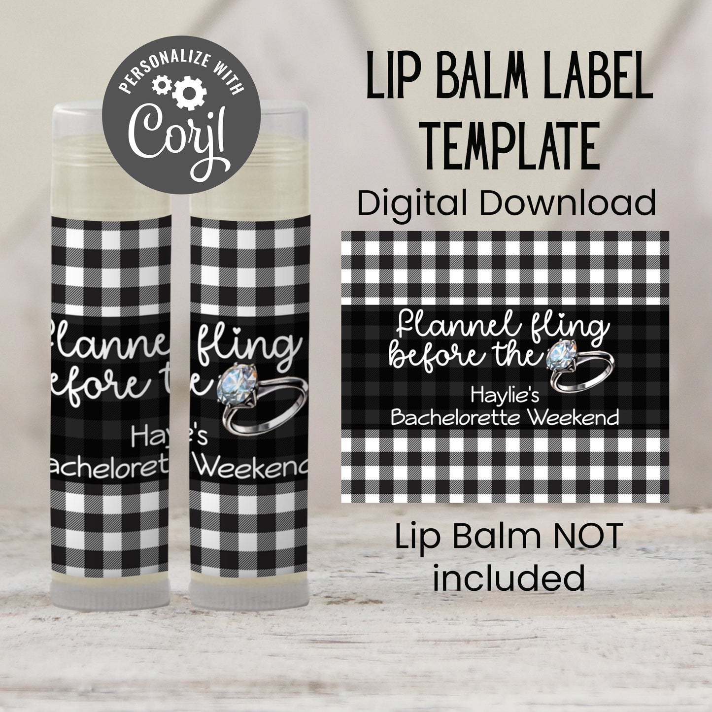 Flannel Fling Before the Ring Lip Balm Label TEMPLATE | Black and White Buffalo Check | Rustic Bachelorette Favor | Fall Cabin Party 4111