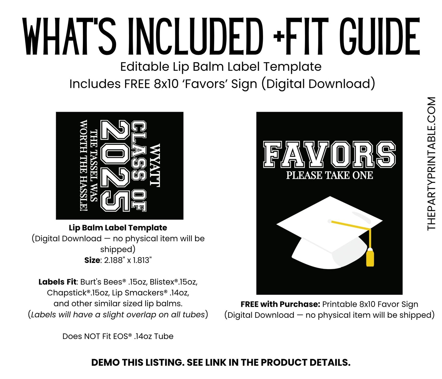 Class of 2025 Graduation Party Favor Lip Balm Label TEMPLATE | Editable Grad Chapstick Labels | High School or College Open House Favor 4124