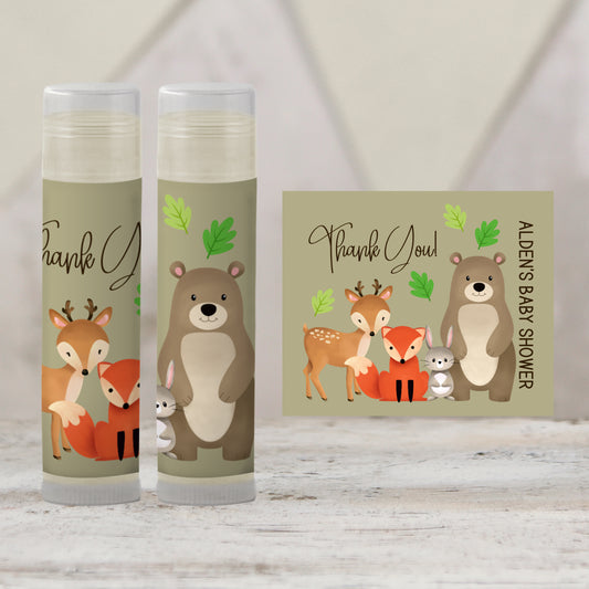 Woodland Baby Shower Lip Balm Favors: Forest Animals Bear Fox Deer Bunny Guest Gift