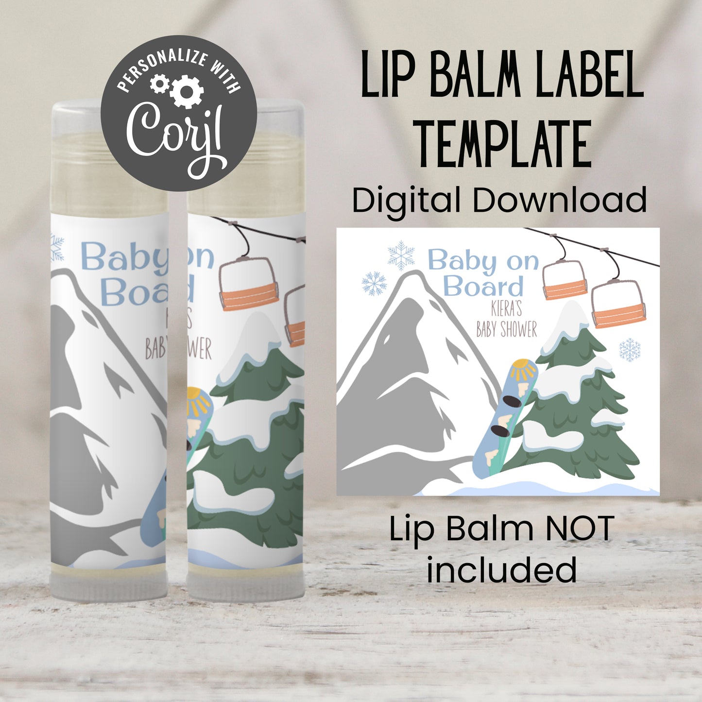 Printable Baby on Board Snowboard Baby Shower Favor | Lip Balm Label TEMPLATE | Winter Baby Shower Favor | Boy Baby Shower Chapstick, 4202