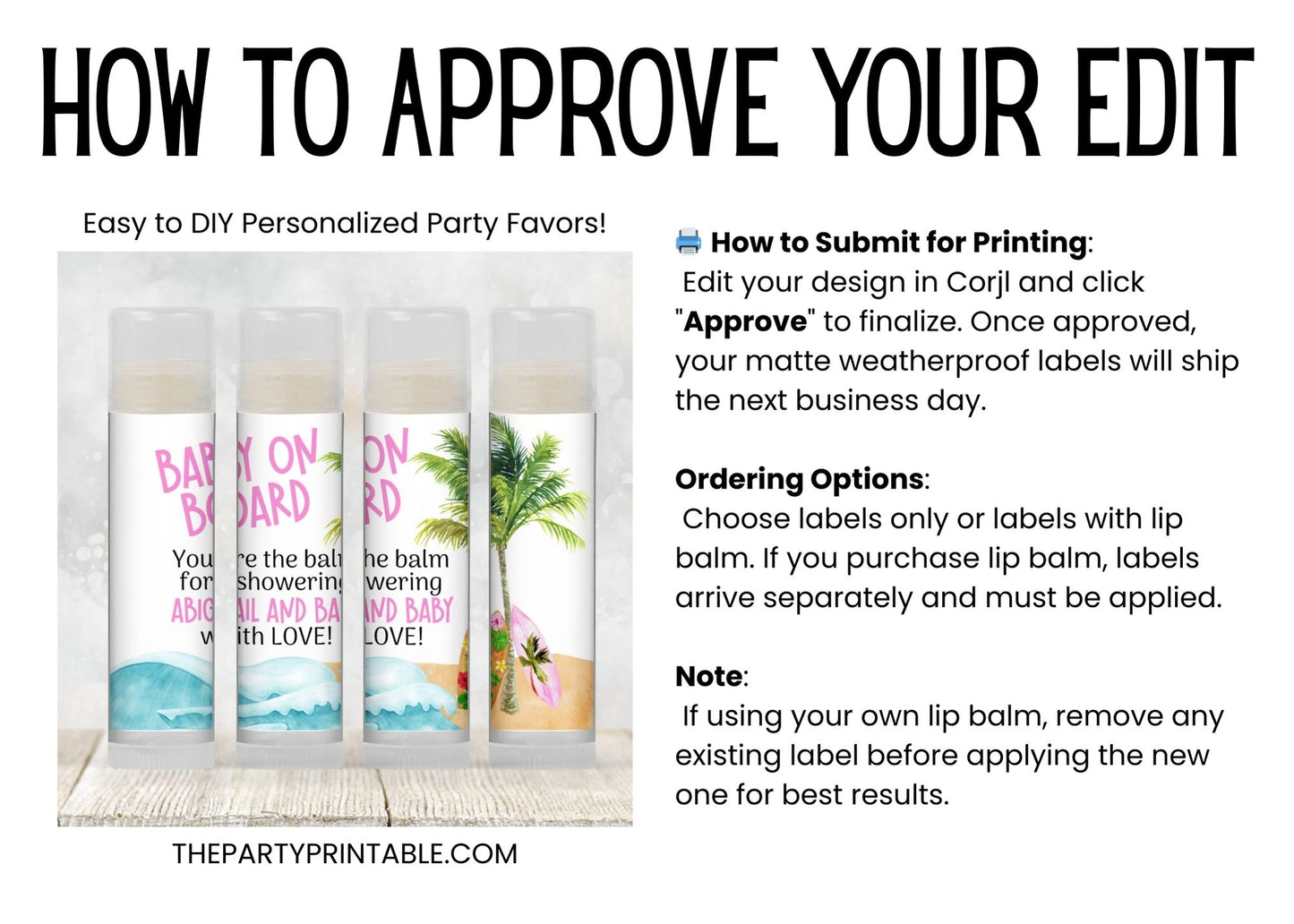 Surfboard Chapstick Favors: Pink Baby Shower, Tropical Beach Party Gift