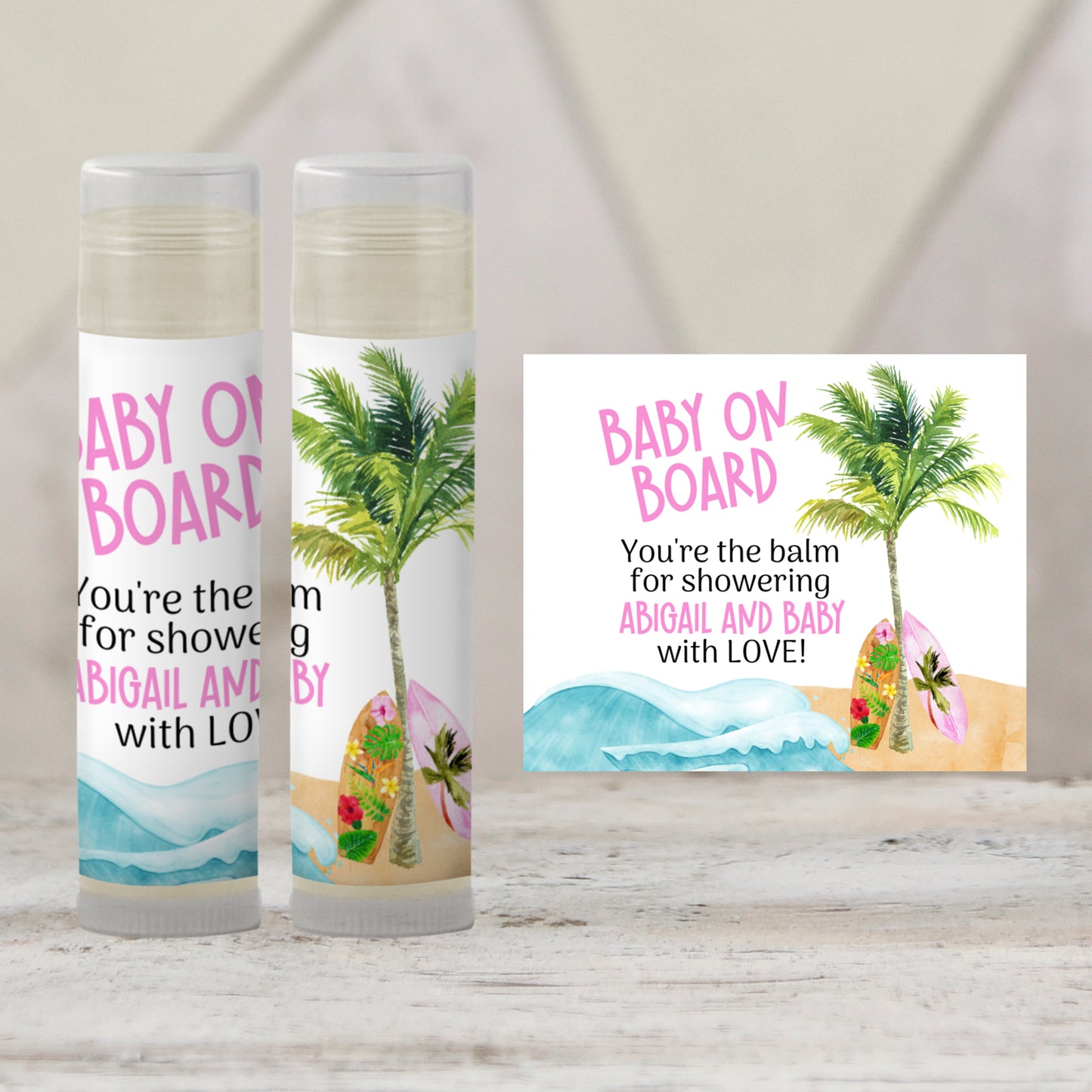 Surfboard Chapstick Favors: Pink Baby Shower, Tropical Beach Party Gift