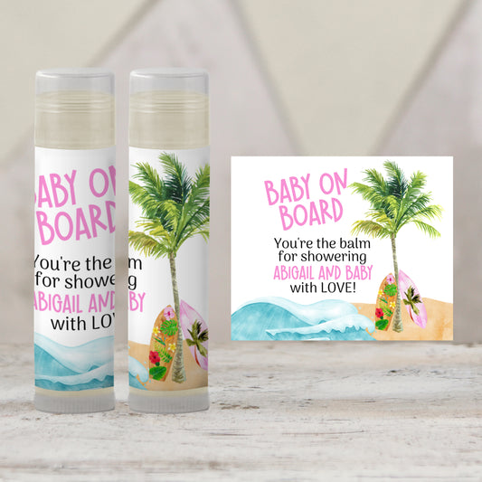 Surfboard Chapstick Favors: Pink Baby Shower, Tropical Beach Party Gift