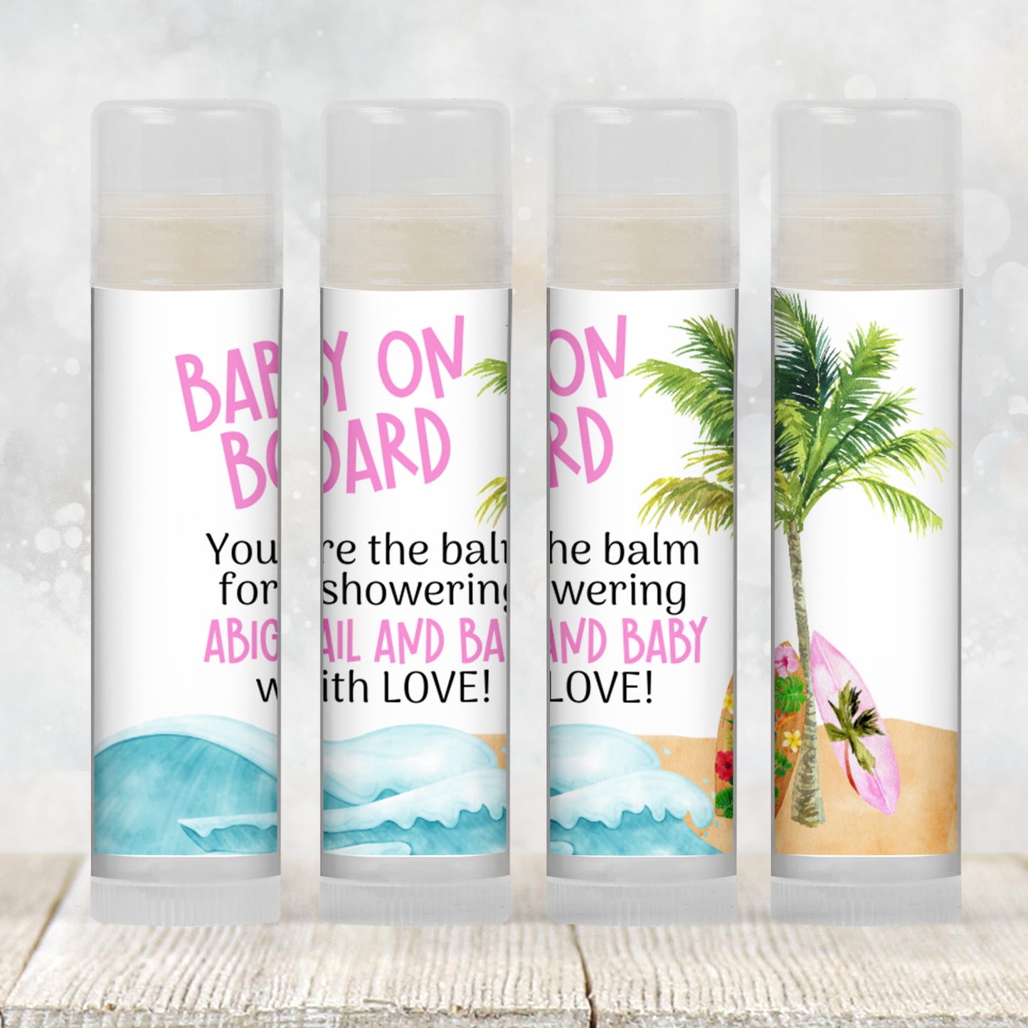 Surfboard Chapstick Favors: Pink Baby Shower, Tropical Beach Party Gift