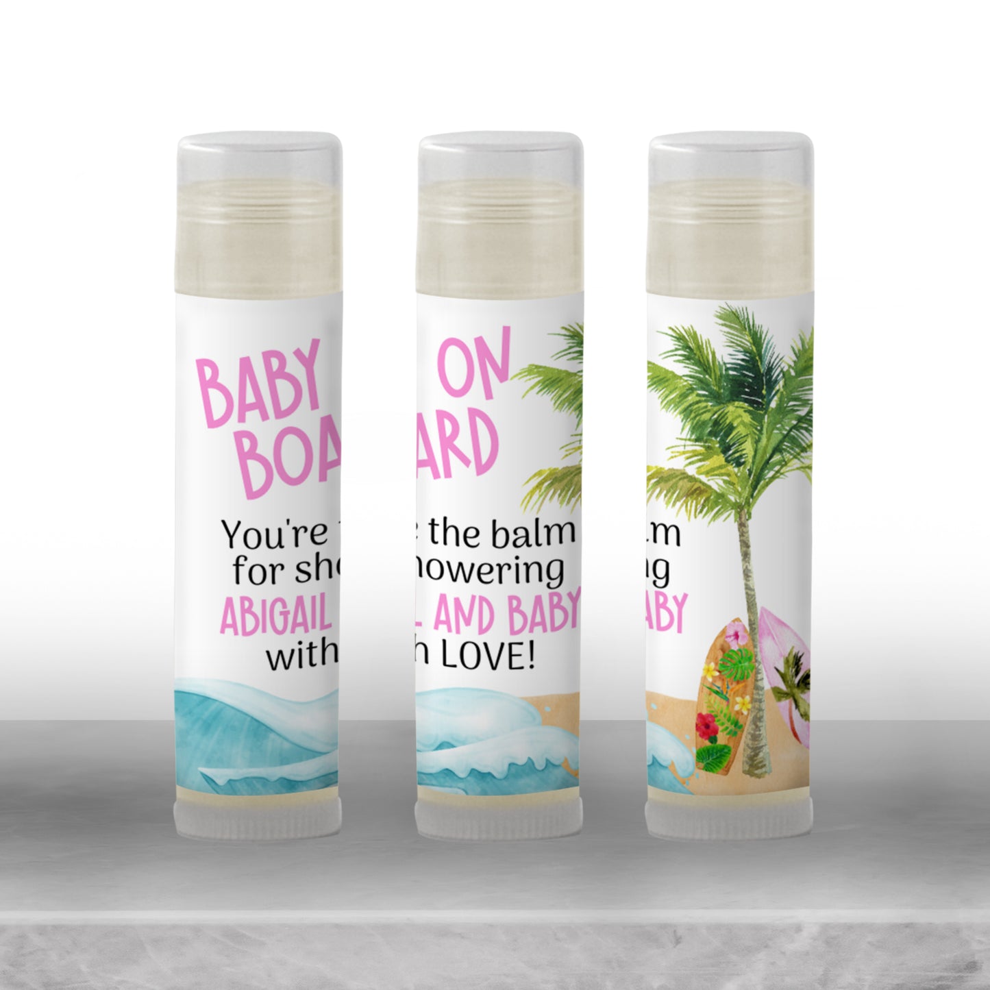 Surfboard Chapstick Favors: Pink Baby Shower, Tropical Beach Party Gift