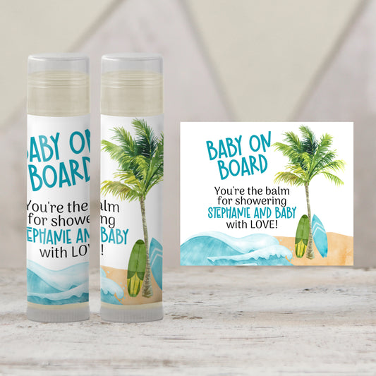 Baby on Board Boy Baby Shower Lip Balm Favor PRINTED | Surf Beach Theme Chapstick | Summer Ocean Party Gift for Guests Personalized 4252