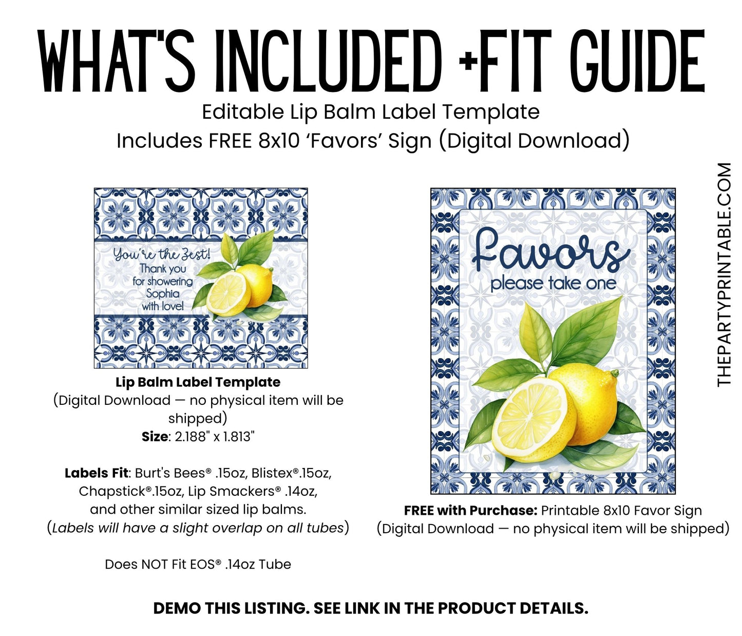 Mediterranean Tile Lemon Lip Balm Favor TEMPLATE | Amalfi Coast Wedding or Bridal Shower | Editable Blue Yellow Citrus Party Label 4302