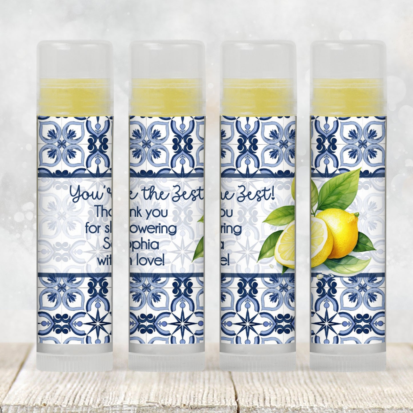 Mediterranean Tile Lemon Lip Balm Favor TEMPLATE | Amalfi Coast Wedding or Bridal Shower | Editable Blue Yellow Citrus Party Label 4302