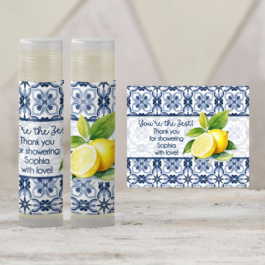 Mediterranean Tile Lemon Lip Balm Favor PRINTED Labels or Balms | Amalfi Coast Bridal Shower or Wedding Citrus Party Guest Gift 4302