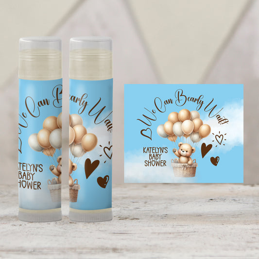 We Can Bearly Wait Baby Shower Favors PRINTED Lip Balm Labels or Lip Balm | Blue Teddy Bear Boy Party | Baby Shower Guest Gift 4400