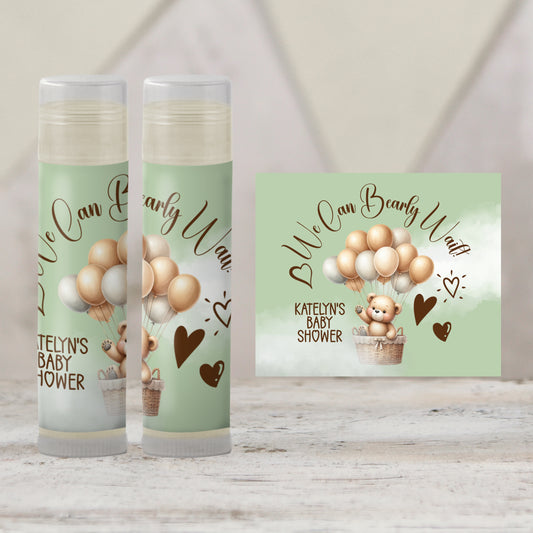 We Can Bearly Wait Baby Shower Favors PRINTED Lip Balm Labels or Lip Balm | Green Teddy Bear Gender Neutral | Baby Shower Guest Gift 4400