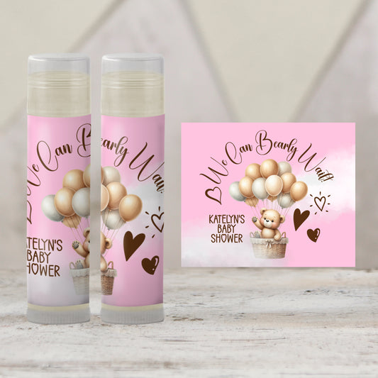 We Can Bearly Wait Baby Shower Favors PRINTED Lip Balm Labels or Lip Balm | Pink Teddy Bear Girl Party | Baby Shower Guest Gift 4400