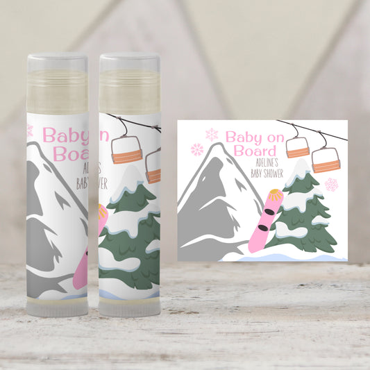 Baby on Board Snowboard Chapstick Favors: Pink Winter Girl Shower Gift