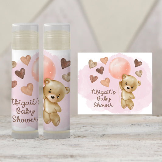 Teddy Bear Baby Shower Favors Lip Balm: Pink Balloon Girl Guest Gift