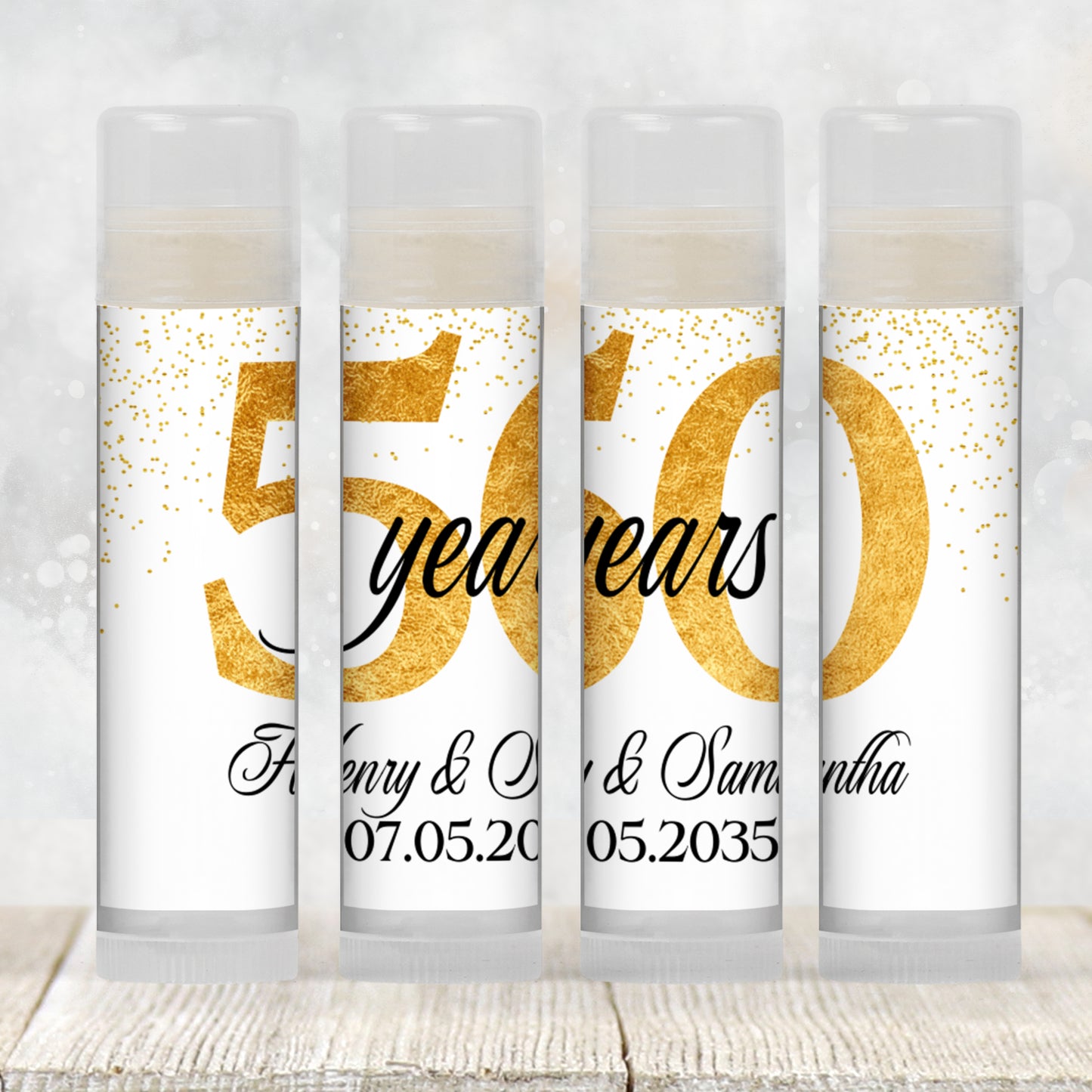 50th Anniversary Favors PRINTED Lip Balm Labels or Lip Balm | Gold Splatter Party | Personalized 50 Years Celebration Guest Gift 4600