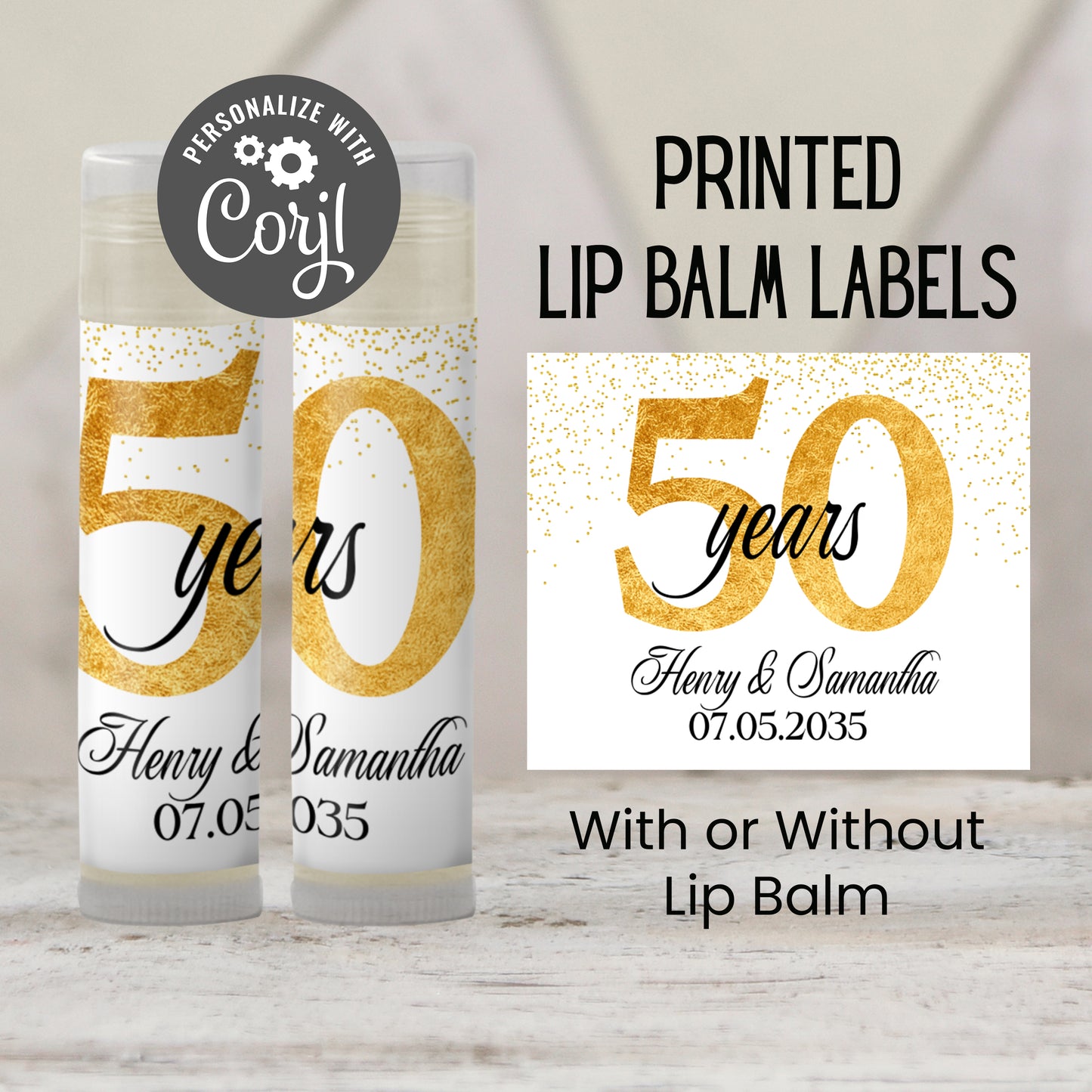 50th Anniversary Favors PRINTED Lip Balm Labels or Lip Balm | Gold Splatter Party | Personalized 50 Years Celebration Guest Gift 4600