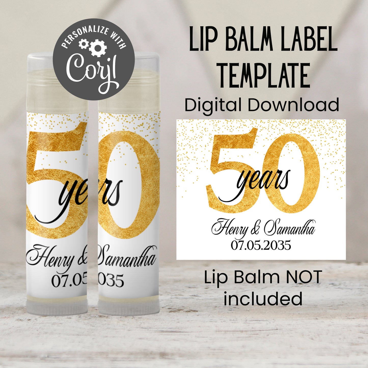 50th Anniversary Party Favor Lip Balm Label TEMPLATE | Editable Gold Splatter Theme Printable 50 Years Celebration Personalized Sticker 4600