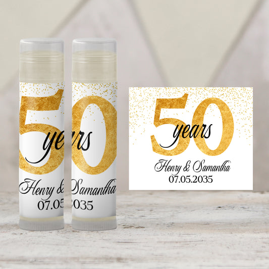 50th Anniversary Party Favor Lip Balm Label TEMPLATE | Editable Gold Splatter Theme Printable 50 Years Celebration Personalized Sticker 4600