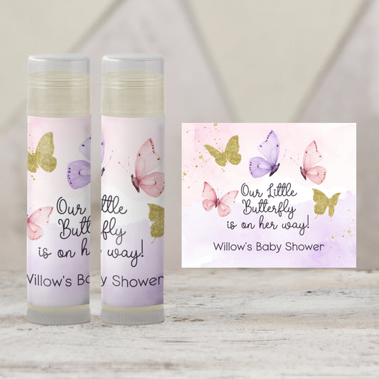 Butterfly Party Favors PRINTED Lip Balm Labels or Lip Balm | Pink Purple Gold Baby Shower | Thank You for Fluttering By Birthday Gift 4800