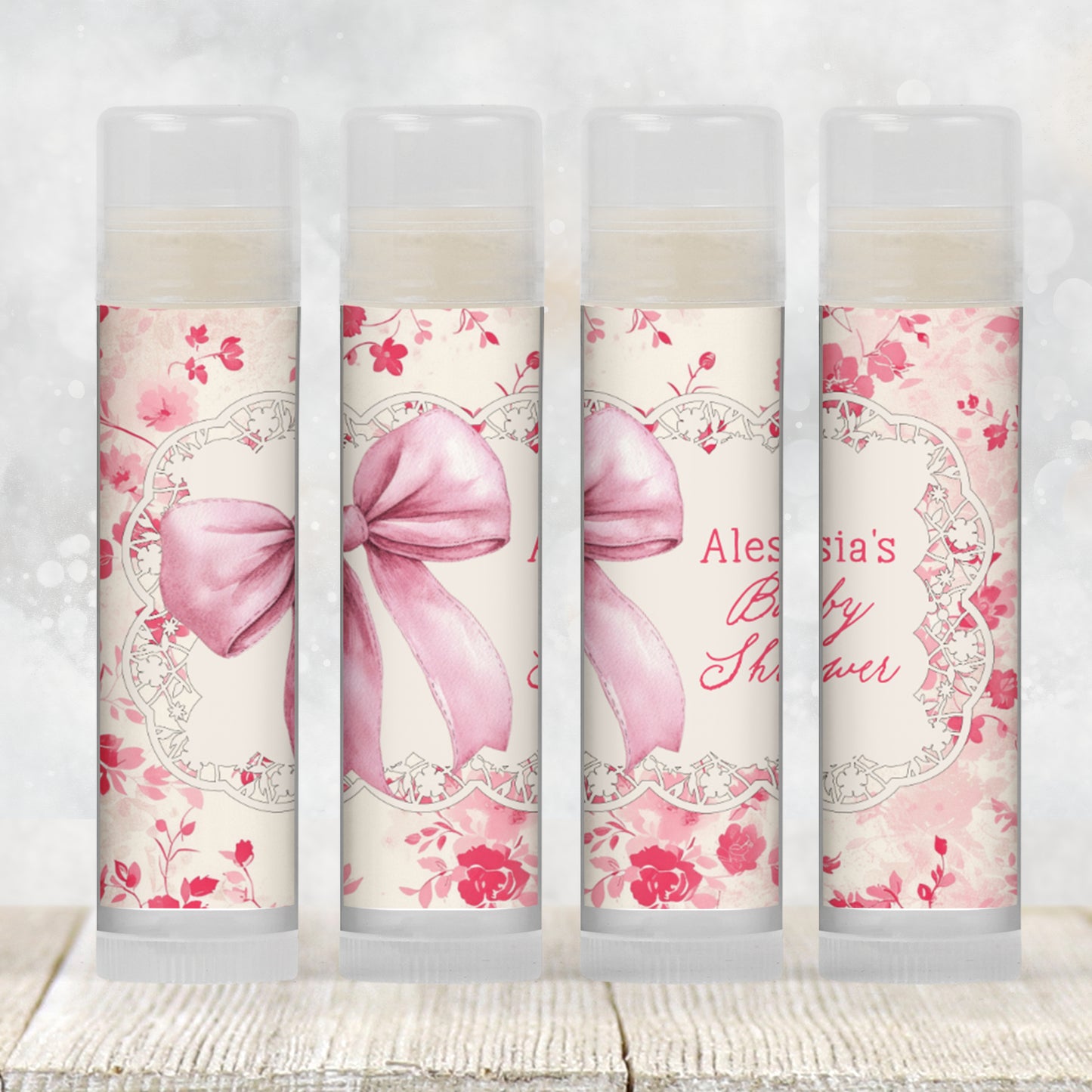 Vintage Pink Floral Favors PRINTED Lip Balm Labels or Lip Balm | Shabby Chic Pink Bow Bridal Shower | Garden Tea Party Baby Shower Gift 5000