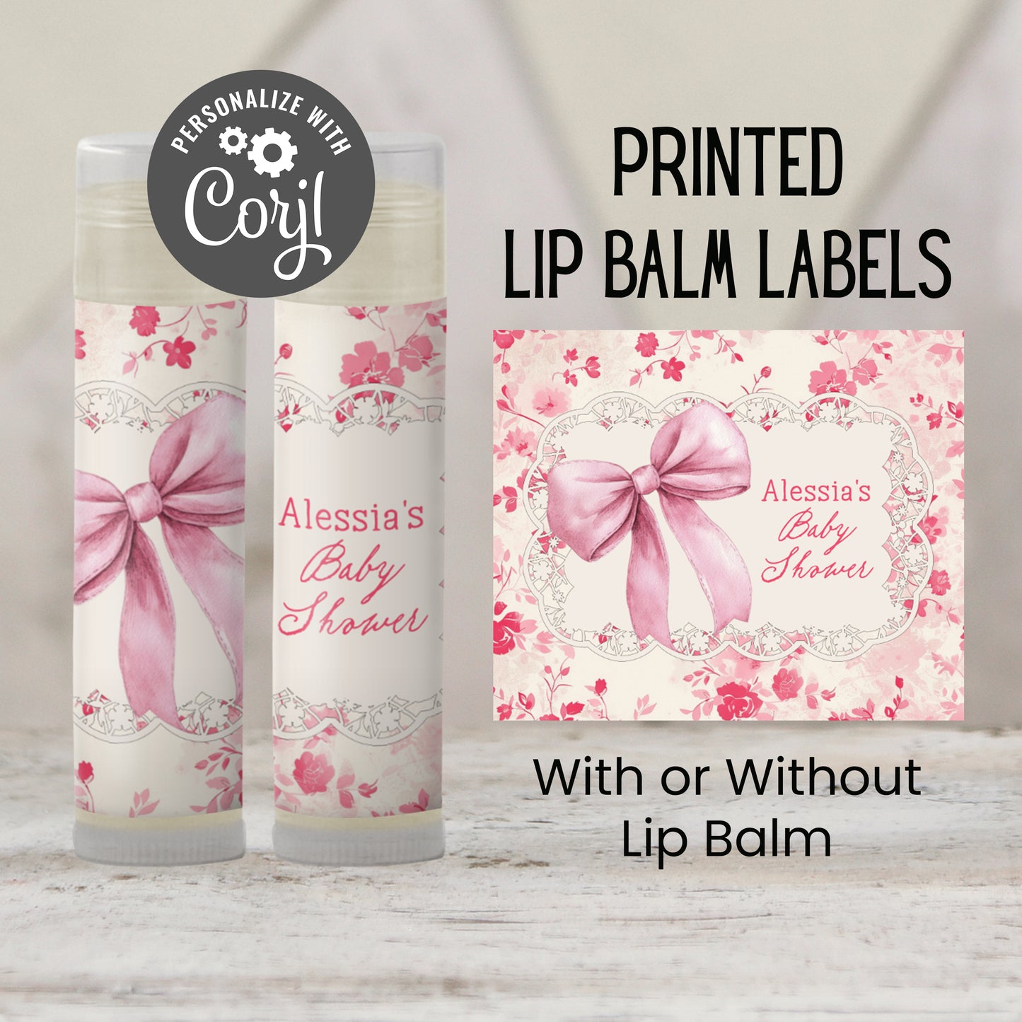 Vintage Pink Floral Favors PRINTED Lip Balm Labels or Lip Balm | Shabby Chic Pink Bow Bridal Shower | Garden Tea Party Baby Shower Gift 5000