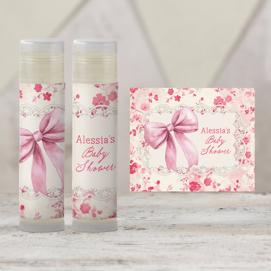 Vintage Pink Floral Favors PRINTED Lip Balm Labels or Lip Balm | Shabby Chic Pink Bow Bridal Shower | Garden Tea Party Baby Shower Gift 5000