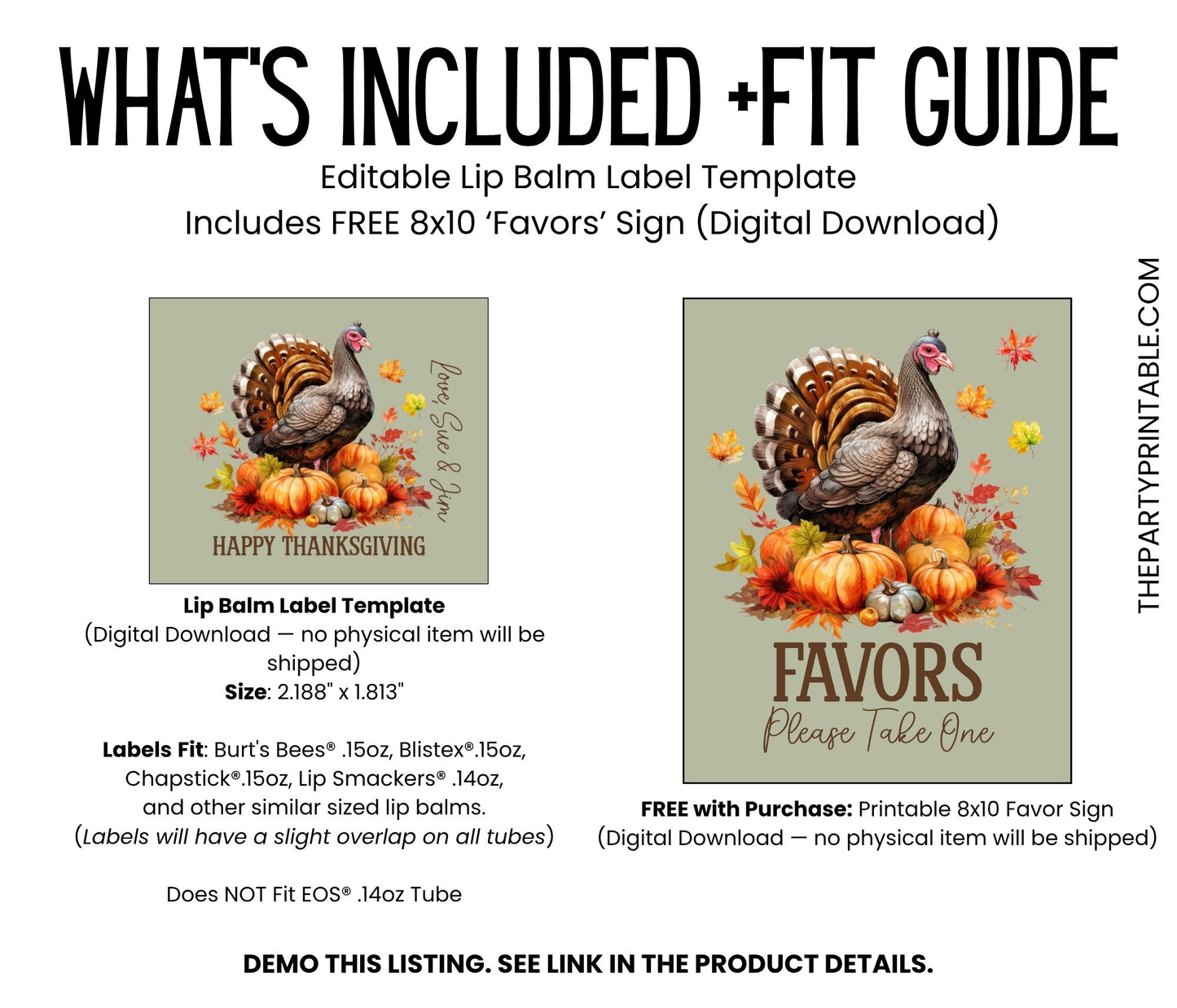 Editable Thanksgiving Lip Balm Label Template - Chapstick Party Favor Design for Thanksgiving Dinner, Turkey and Fall Leaves Theme 5001