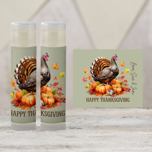 Editable Thanksgiving Lip Balm Label Template - Chapstick Party Favor Design for Thanksgiving Dinner, Turkey and Fall Leaves Theme 5001