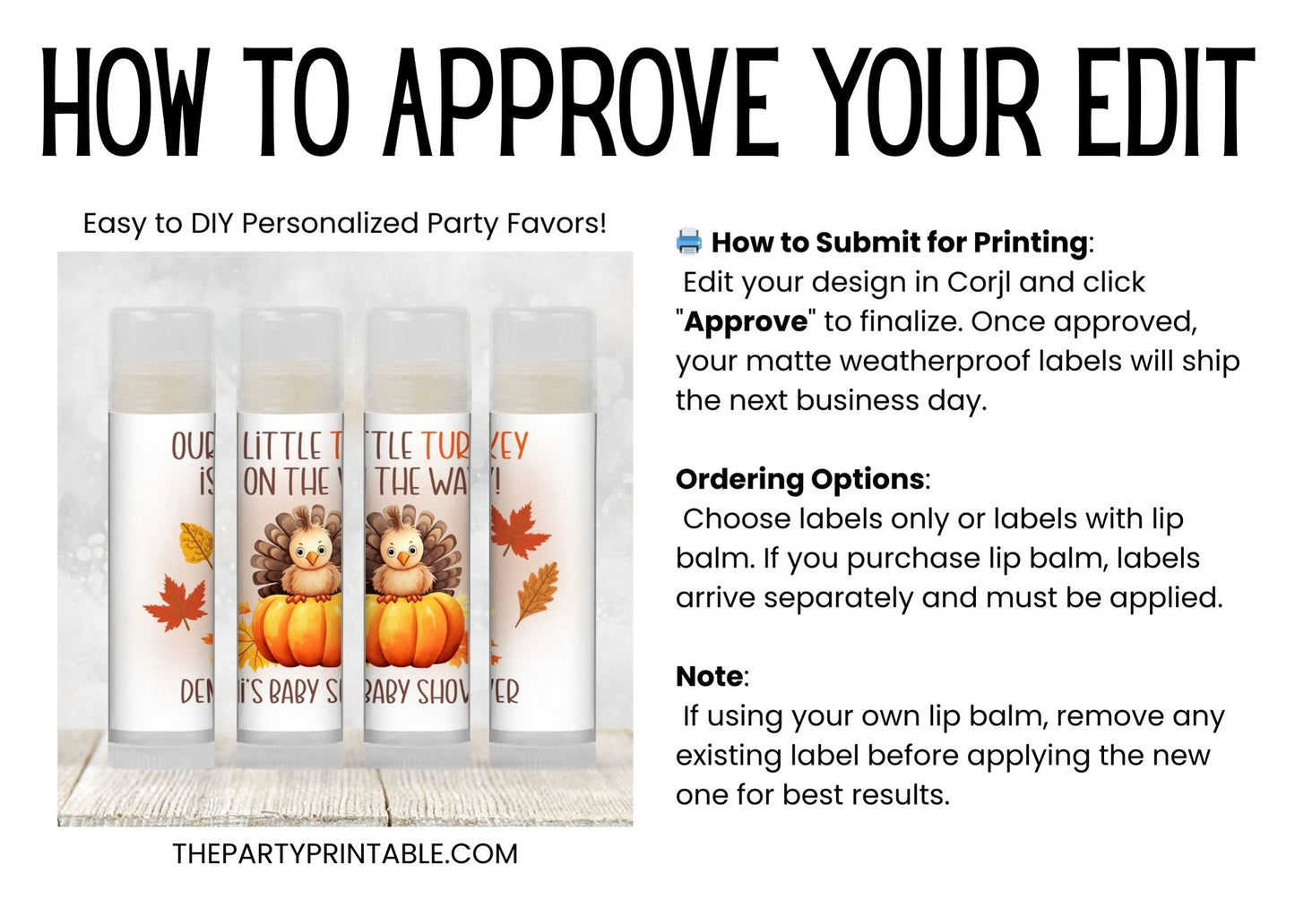A Little Turkey Is On the Way Baby Shower Favors PRINTED Lip Balm Labels or Lip Balm Favors | Fall Thanksgiving Rustic Guest Gift 5015