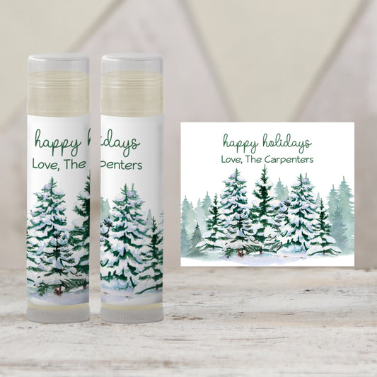 Christmas Tree Lip Balm Favors: Snowy Pine Holiday Party Gift for Family & Friends