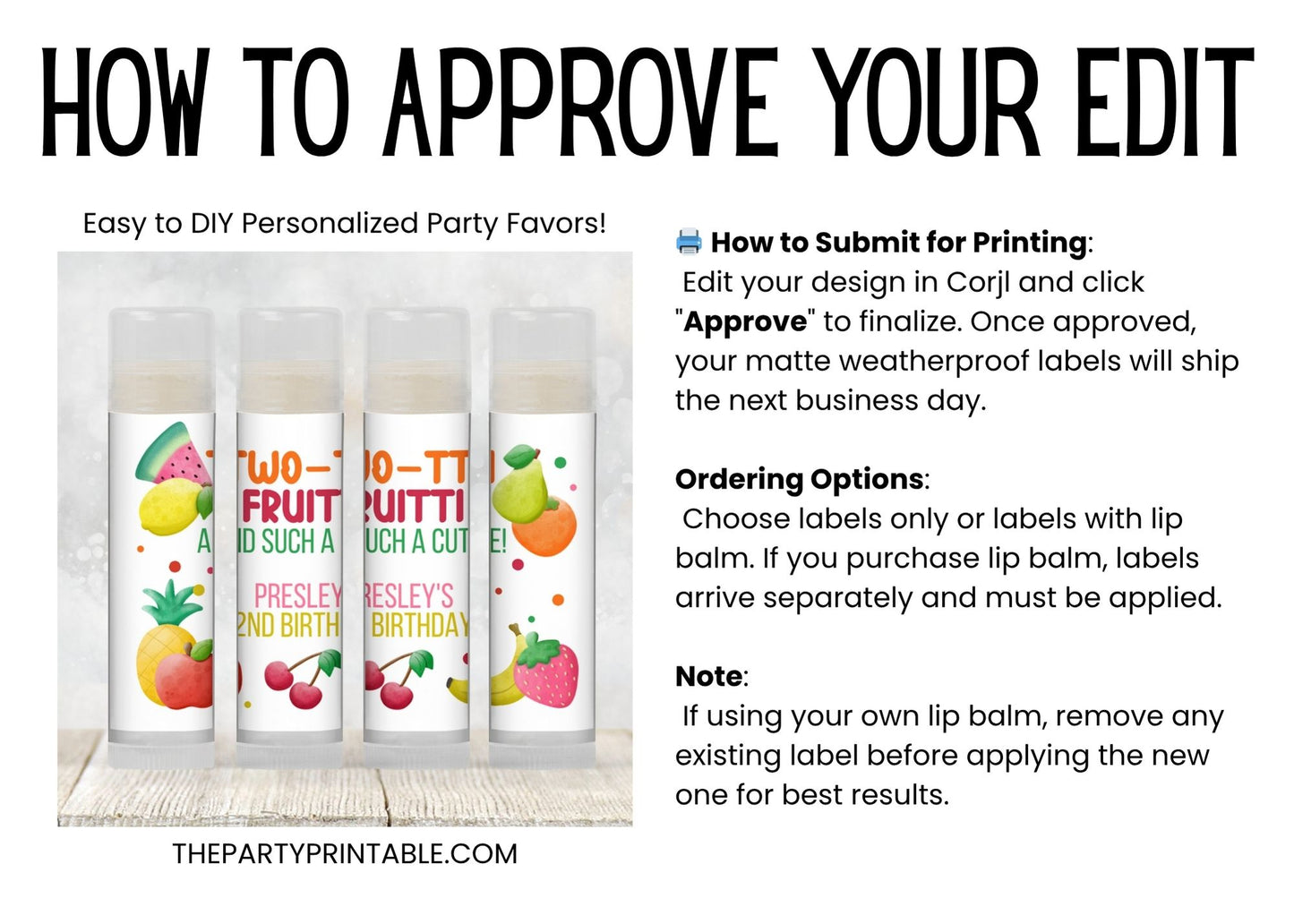 Twotti Frutti 2nd Birthday Party Favors PRINTED Lip Balm Labels or Lip Balm | Tutti Frutti Girl Theme | Fruit Party Favor for Two 6001