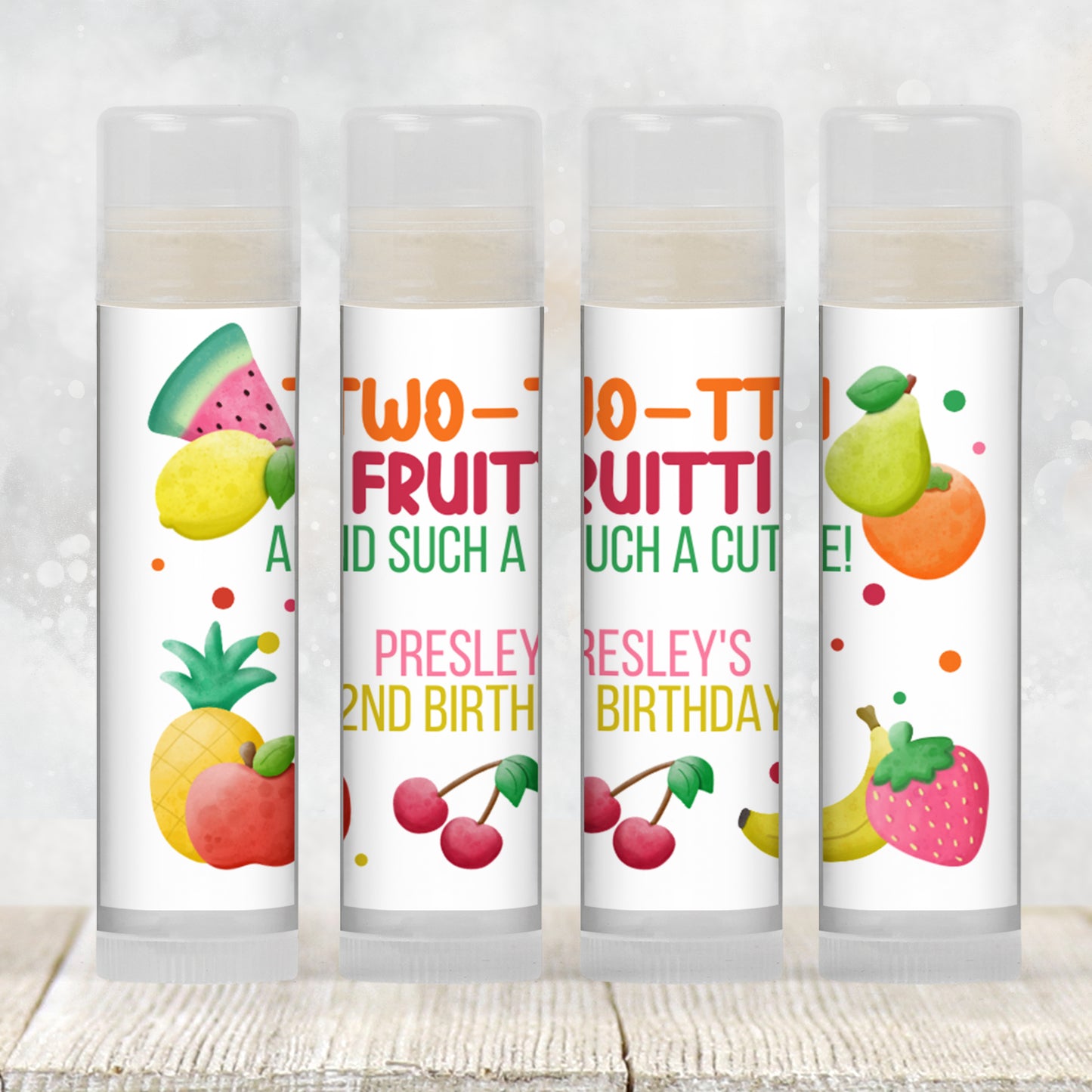 Twotti Frutti 2nd Birthday Party Favors PRINTED Lip Balm Labels or Lip Balm | Tutti Frutti Girl Theme | Fruit Party Favor for Two 6001