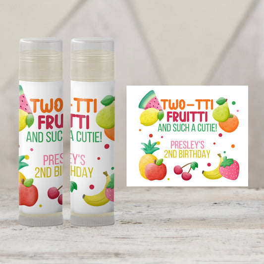 Twotti Frutti 2nd Birthday Party Favors PRINTED Lip Balm Labels or Lip Balm | Tutti Frutti Girl Theme | Fruit Party Favor for Two 6001