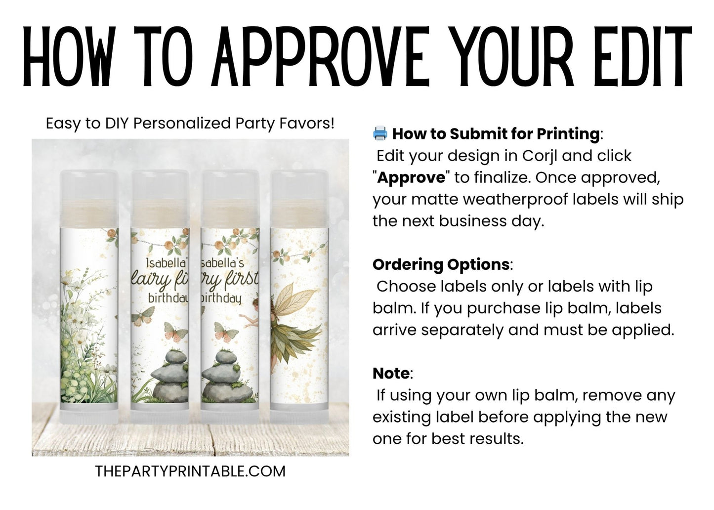 Fairy First Birthday Party Favor Lip Balm PRINTED Labels or Lip Balm | Whimsical Girl 1st Birthday | Magical Chapstick Party Favors 8011