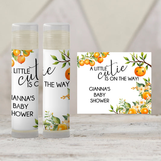 A Little Cutie Baby Shower Favors PRINTED Lip Balm Labels or Lip Balm | Orange Citrus Party Theme | Girl Baby Shower Guest Gift Sticker 8016