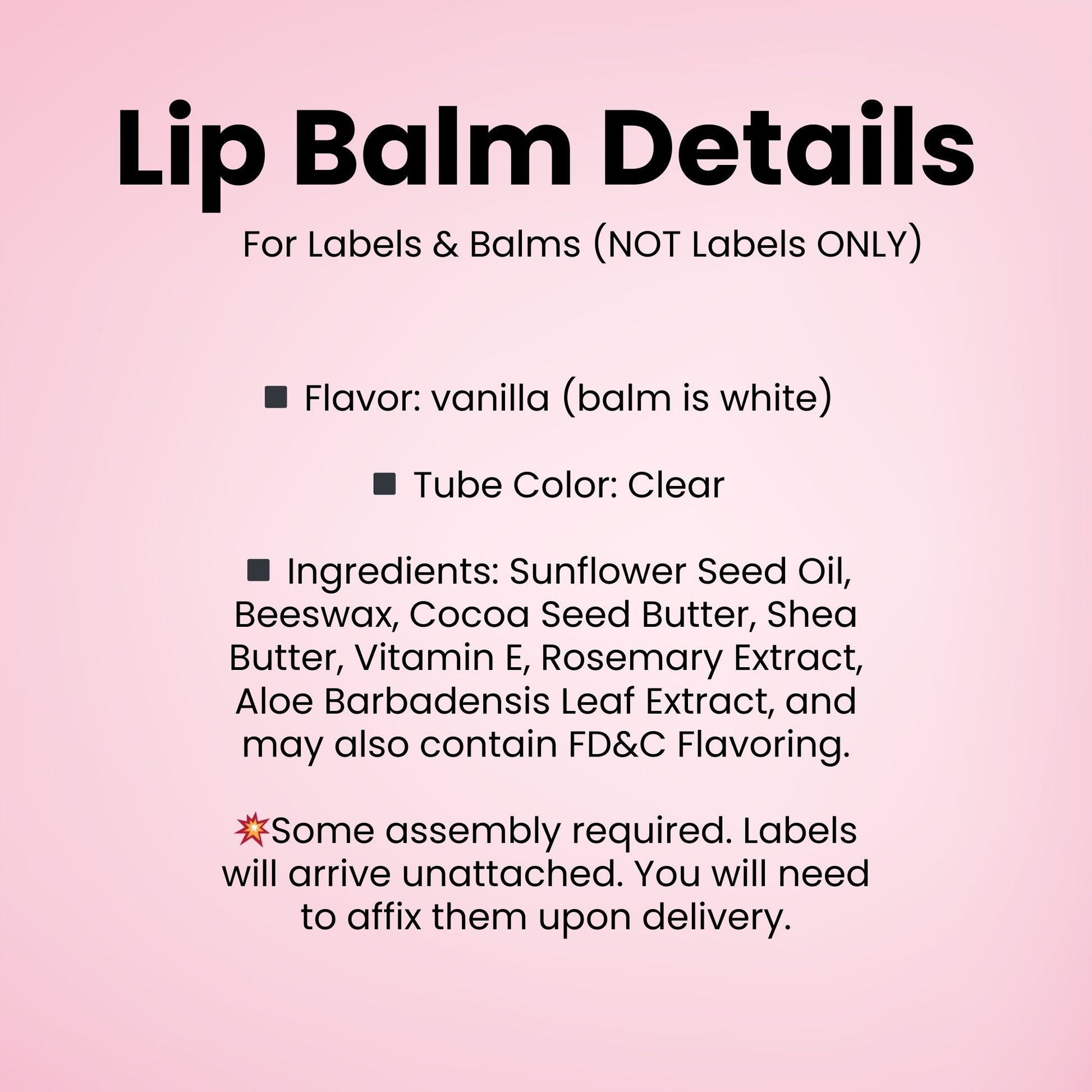 The image is a pink-colored text box containing information about lip balm details.